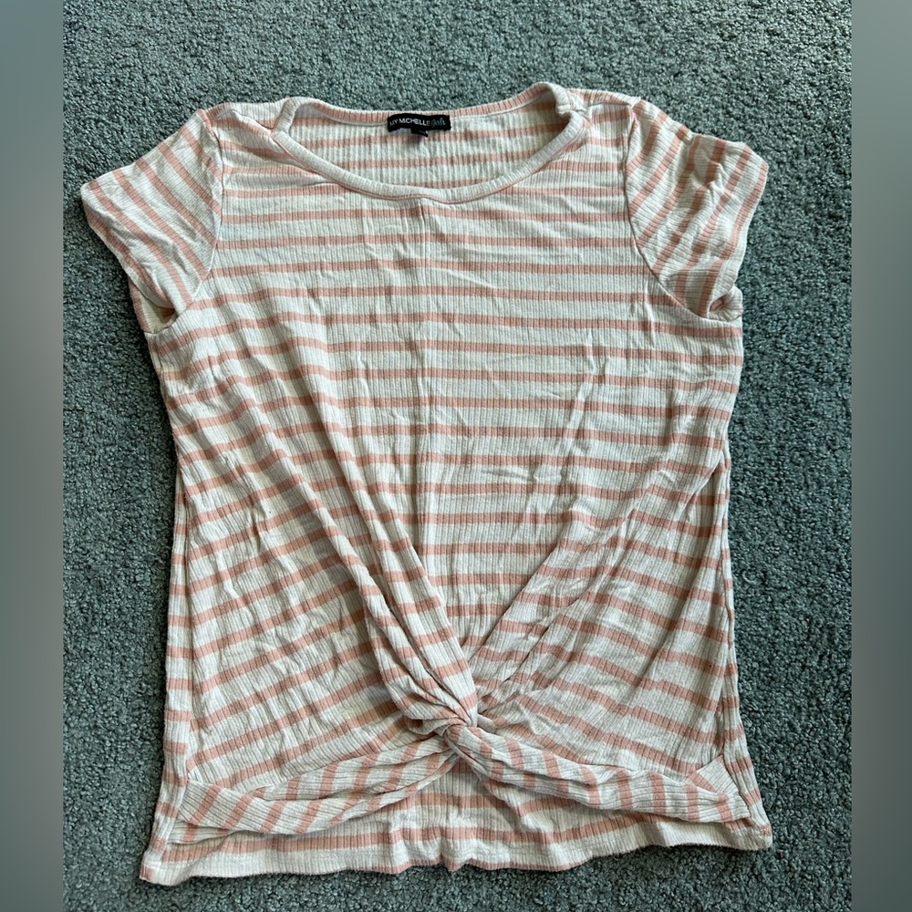 Ribbed peach stripped cute girls top wit front knot